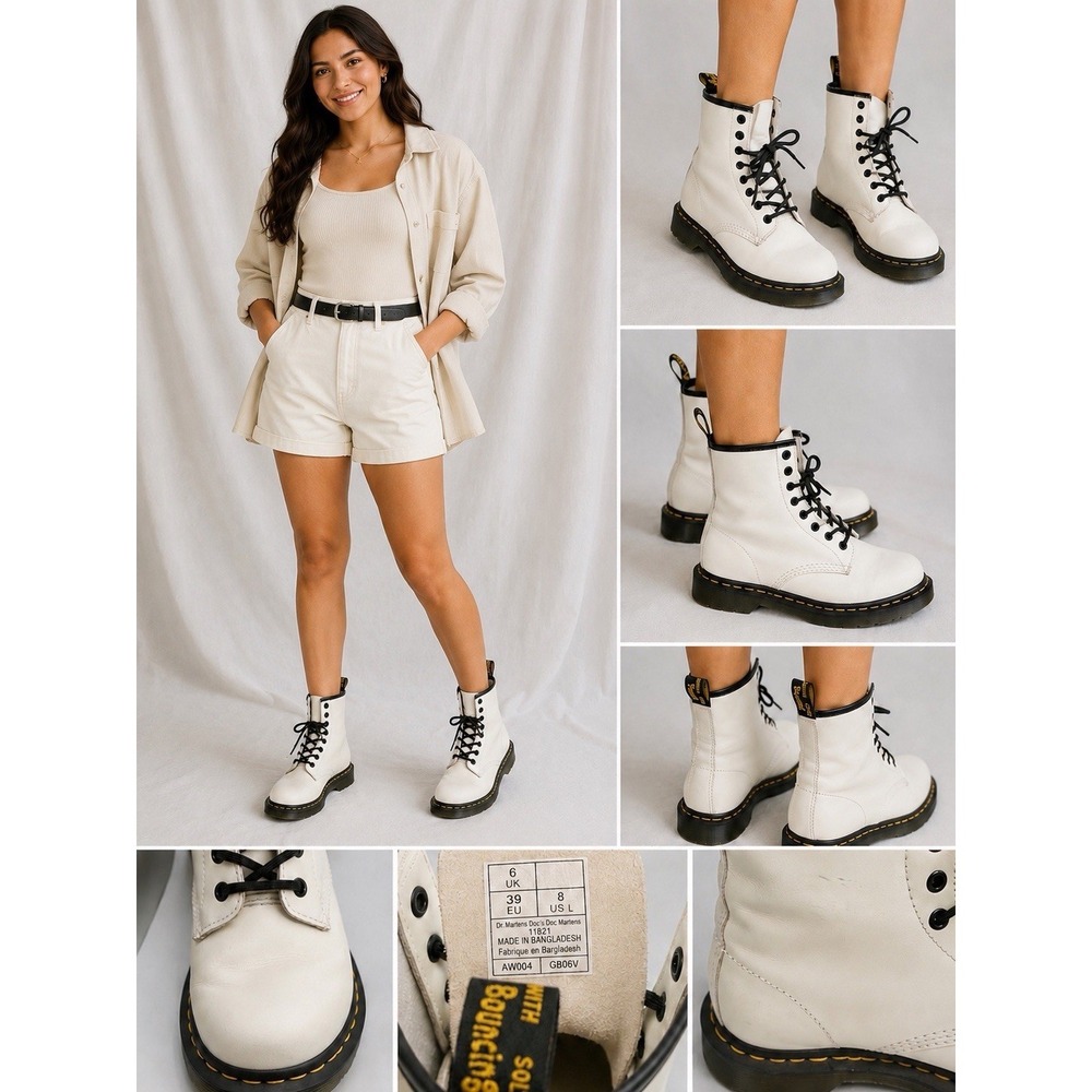 Dr Doc Martens 11821 1460‎ Smooth White Leather Combat Womens Boots Sz UK 6 US 8